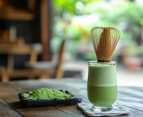 delicious-matcha-latte-glass-with-bamboo-whisk-wooden-table